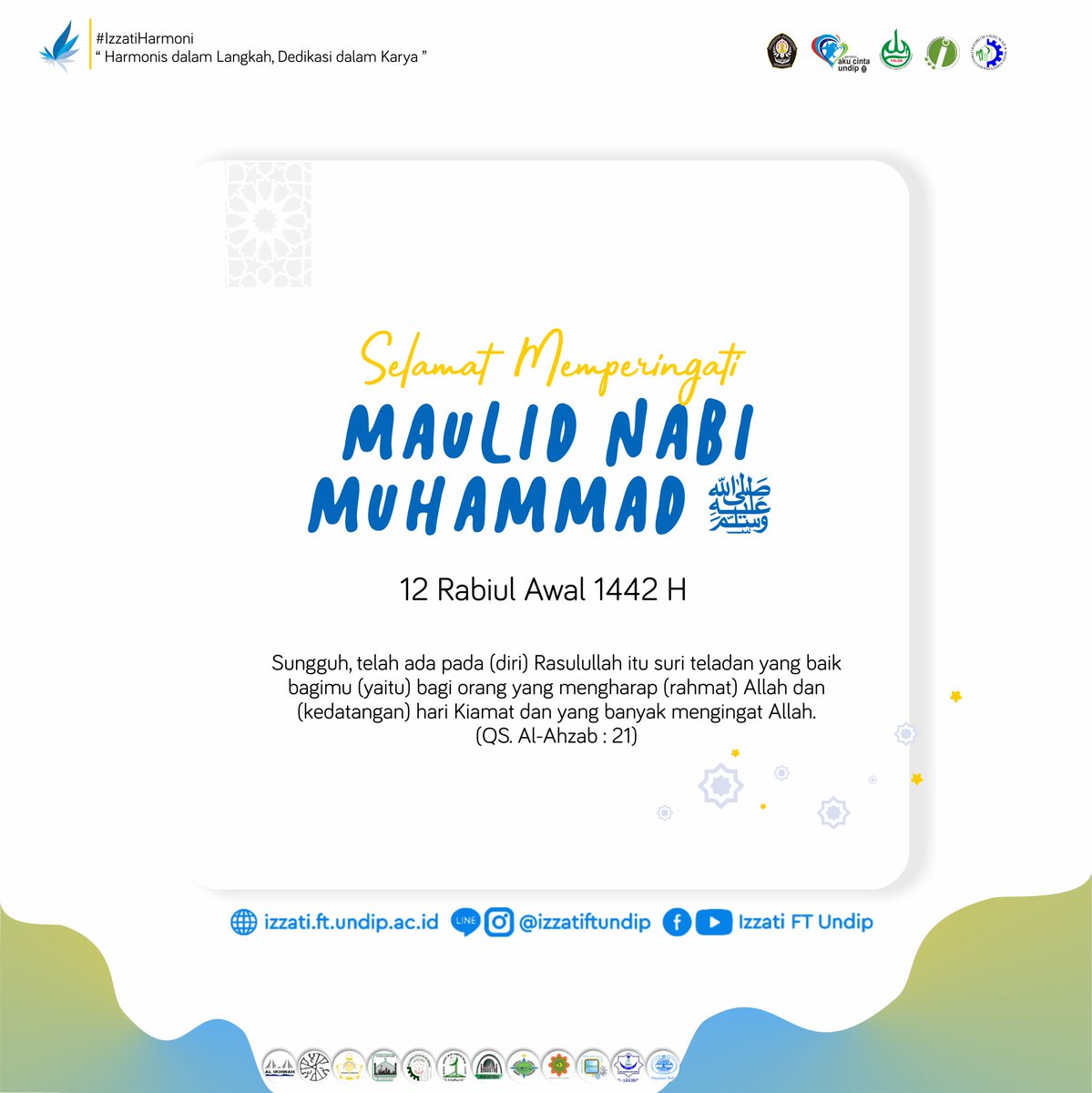 [SELAMAT MEMPERINGATI MAULID NABI MUHAMMAD SAW]

Assalamu'alaikum Sahabat Izzati😊

Hari ini tanggal 12 Rabiul Awal 1442 H umat muslim memperingati Maulid Nabi Muhammad Shallallahu ‘Alaihi wa Sallam loh 😊. 

#IzzatiFTUndip
#IzzatiGen26
#IzzatiHarmoni