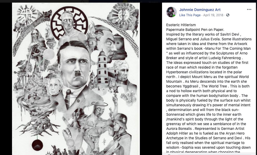 He has also posted much more vile art, such as a piece for the neo-fascist group Patriot Front, a portrait to Hitler (the piece is titled "Esoteric Hilterism") and a homage to white supremacist mass shooters. 4/