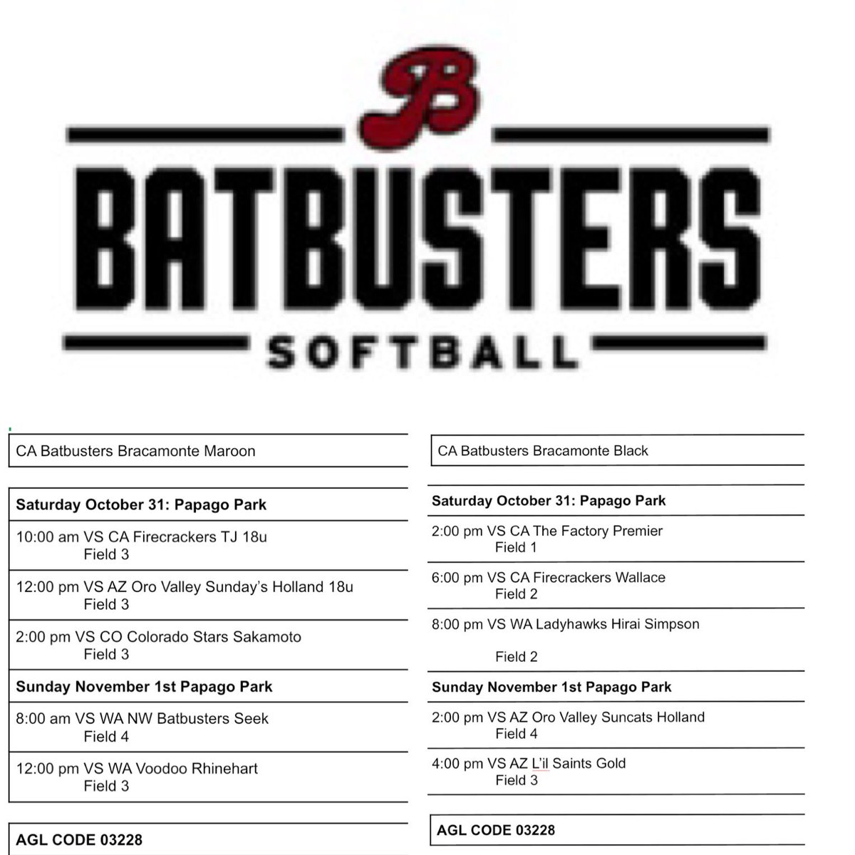 BatbustersOc's tweet photo. Schedule and rosters for TNJ Arizona Fall Invitational 2020 games will be on AGL 003228 and Facebook page   https://t.co/HFL9CIiuTi #batbustersbracamonte #softball #fastpitch #fall2020 https://t.co/5Evd7Z86sL