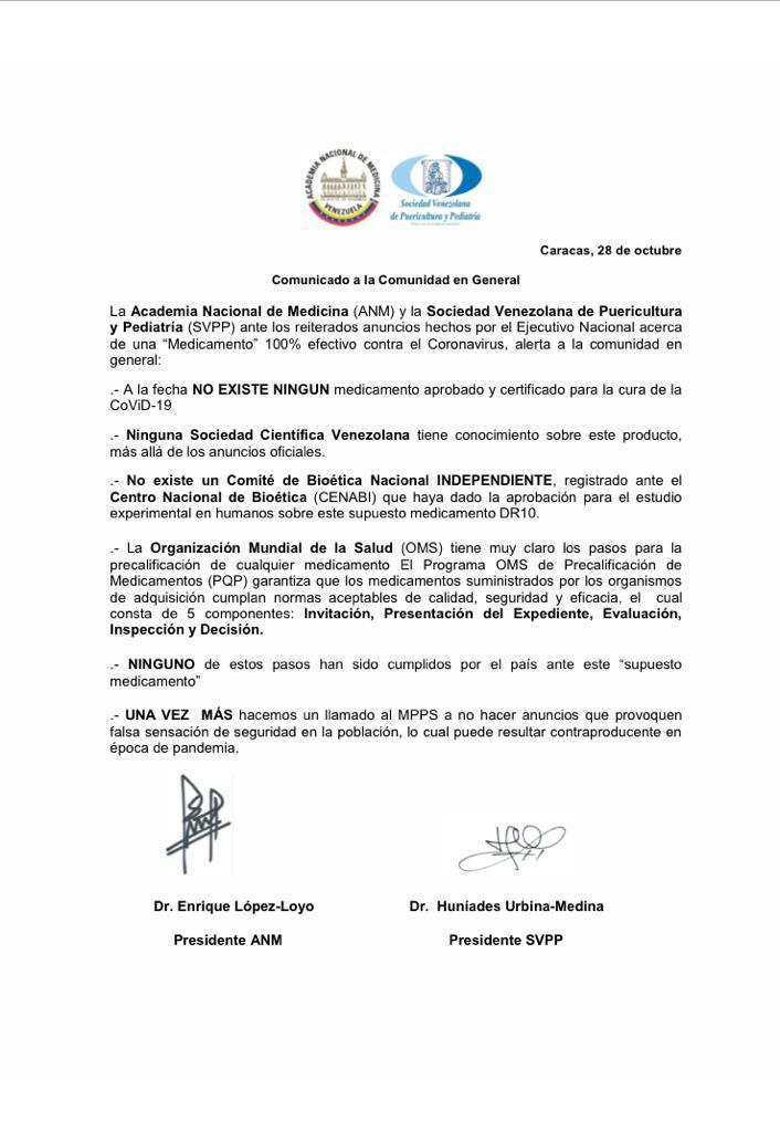EL MEDICAMENTO CONTRA EL CORONAVIRUS ANUNCIADO POR NICOLÁS MADURO ES PURO MOJÓN..!
Lo desmintió la Academia Nacional de Medicina y la Sociedad Venezolana de Puericultura Pediatría por medio de un comunicado.
#Venezuela #Vzla #Ivic #Covid19 #Caracas #Ccs #28oct #29oct #OMS
Ver 👇 https://t.co/OFtgFcYQNf