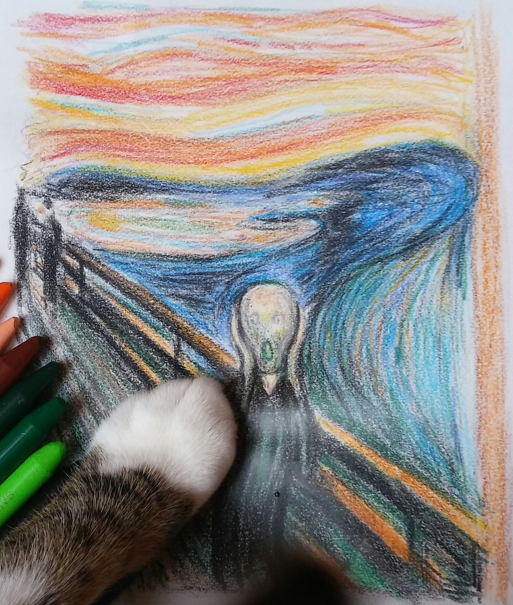 Mr Dessin 絵 イラスト クーピー アート ムンクの叫び ムンク 叫び パロディー 猫 Picture Drawing Art Illustration Scream Thescream 猫の手によりビビるムンク T Co 1d2xwvhvoa