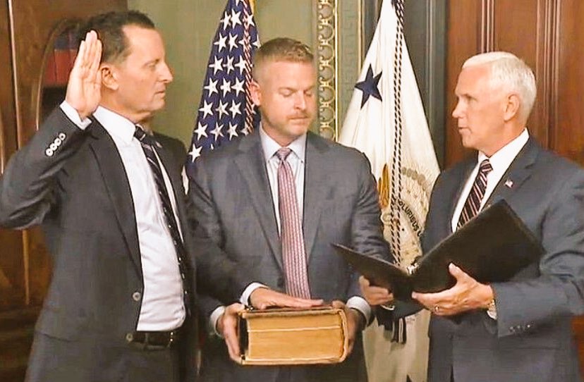 Grenell says that he and his partner have become close personal friends of Mike and Karen Pence.That's Matt Lashey holding the Bible as Pence swears in Grenell as ambassador to Germany.