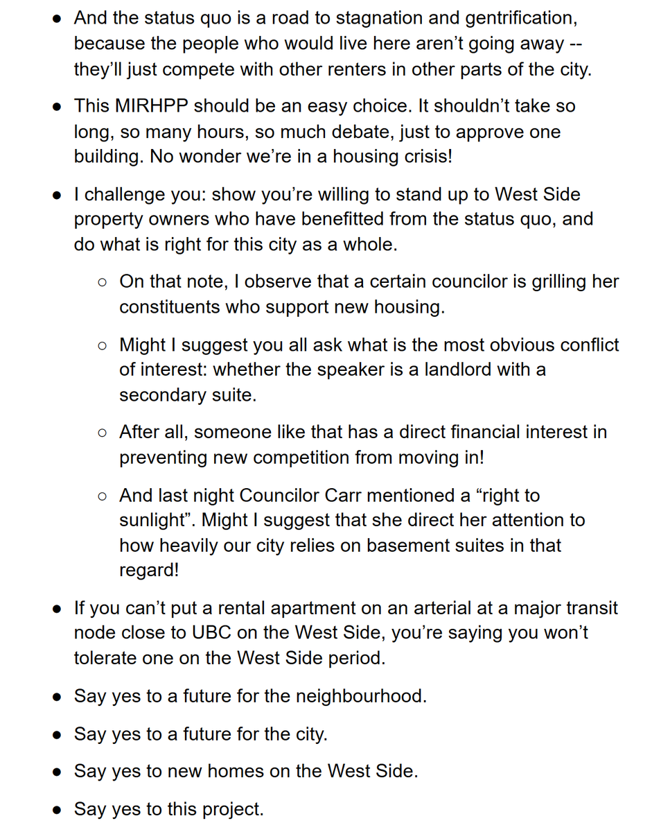 Here are my speaking notes in case you're curious. I strayed a bit too far off topic with the basement suite stuff so the Mayor had to redirect me back to being on topic  I knew I was probably pushing it but Carr's "right to sunlight" stuff was too ridiculous to not comment on!