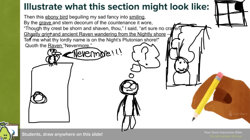 MsHannahLipman's tweet photo. #TheRaven and @PearDeck make a great combination! @kygodigital @JCPSDEP1 @JCPSDigIn @Newburg_JCPS #education #TechnologyAndEducation #drawingchallenge #EducationCanBeFun @MrsCEHaynes https://t.co/1X8IUbVEOS