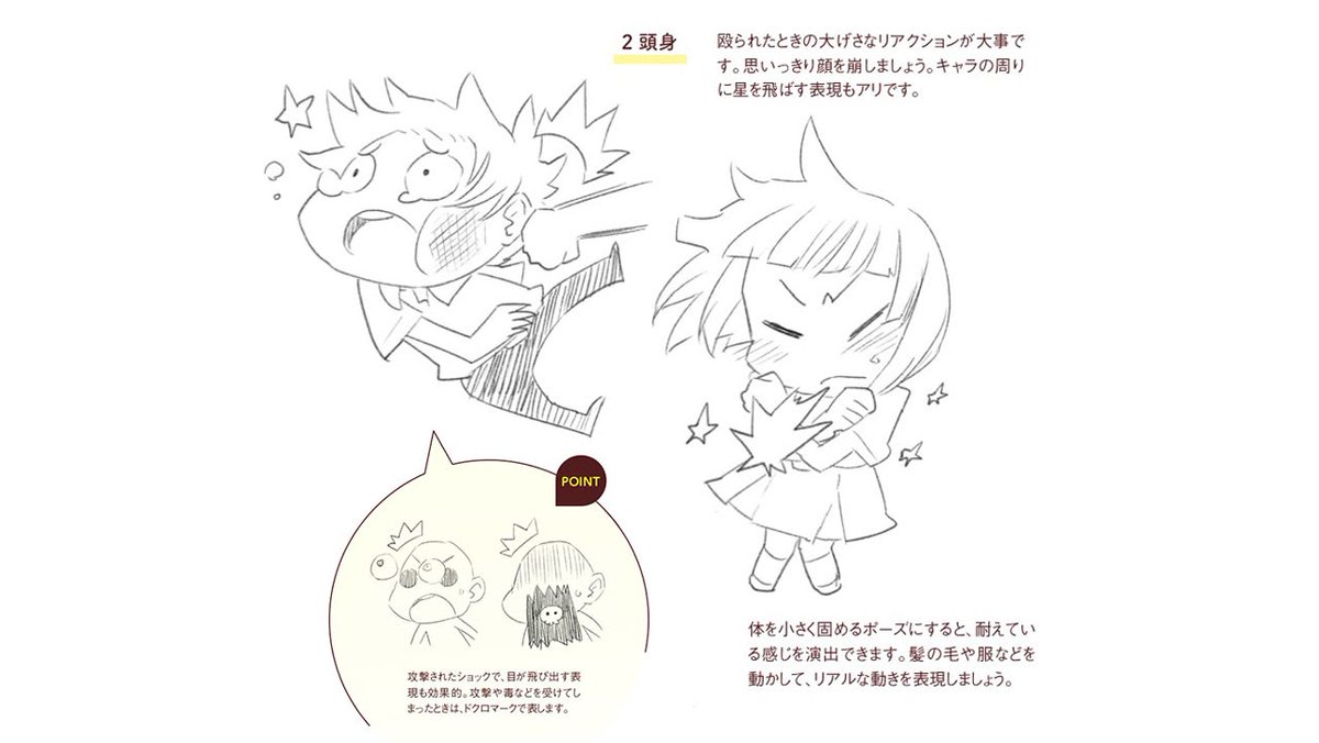 玄光社 超描けるシリーズ على تويتر 超描ネタ帳 攻撃を受けた際のデフォルメ表現は 大げさなリアクションが大事です 目が飛び出す表現やドクロマークなども活用していきましょう 濱元隆輔さん Ryumoto 著 デフォルメキャラの描き方 より T Co