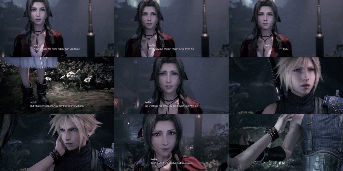 Resolution (Thread)Cloud makes the most expressions, takes the most initiative, and shows the most emotion and concern for Aerith compared to the other scenes.The comparison between this and the platonic scenes makes it clear who Cloud loves.  #Clerith  #クラエア