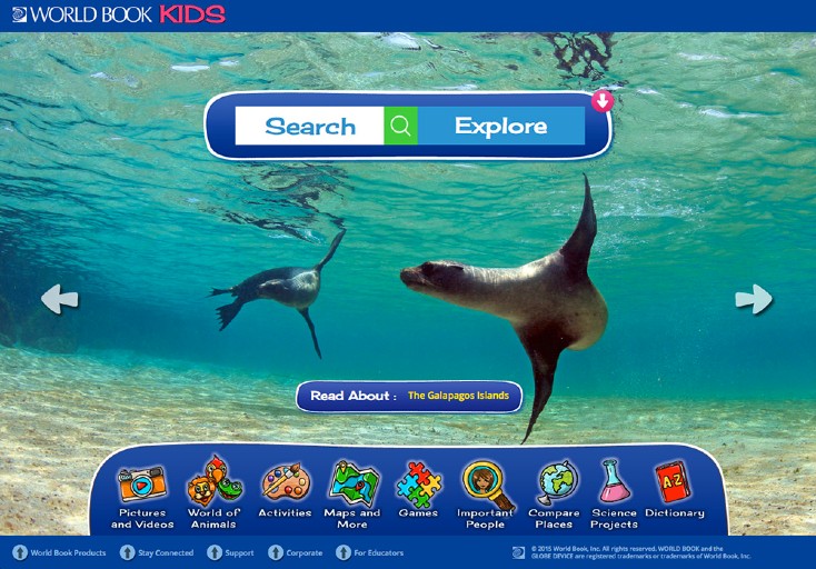 a screenshot of the World Book Kids homepage showing a photograph of underwater seals swimming