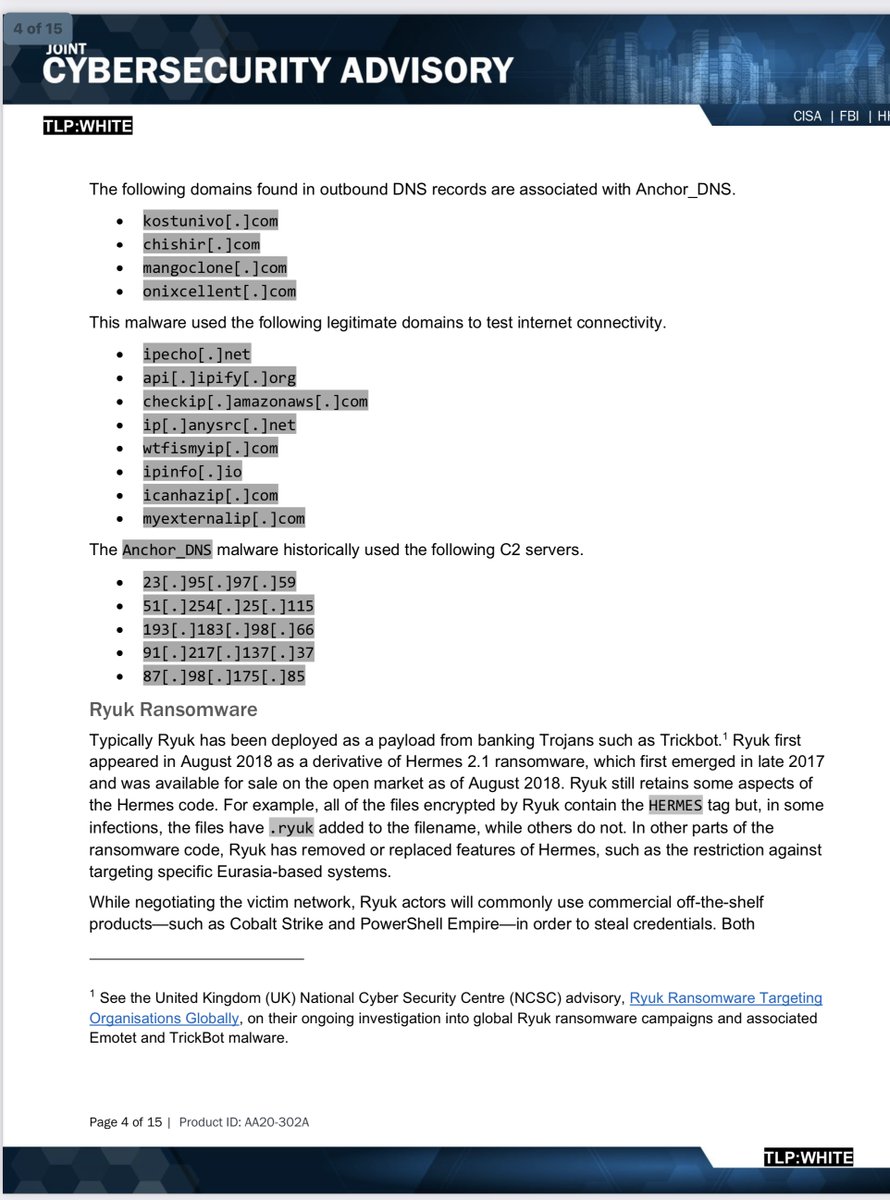 “all of the files encrypted by Ryuk contain the HERMES tag but, in some infections, files have .ryuk added to the filename..  In other parts of the ransomware code, Ryuk has removed or replaced features of Hermes, suchrestriction against targeting specific Eurasia-based systems”