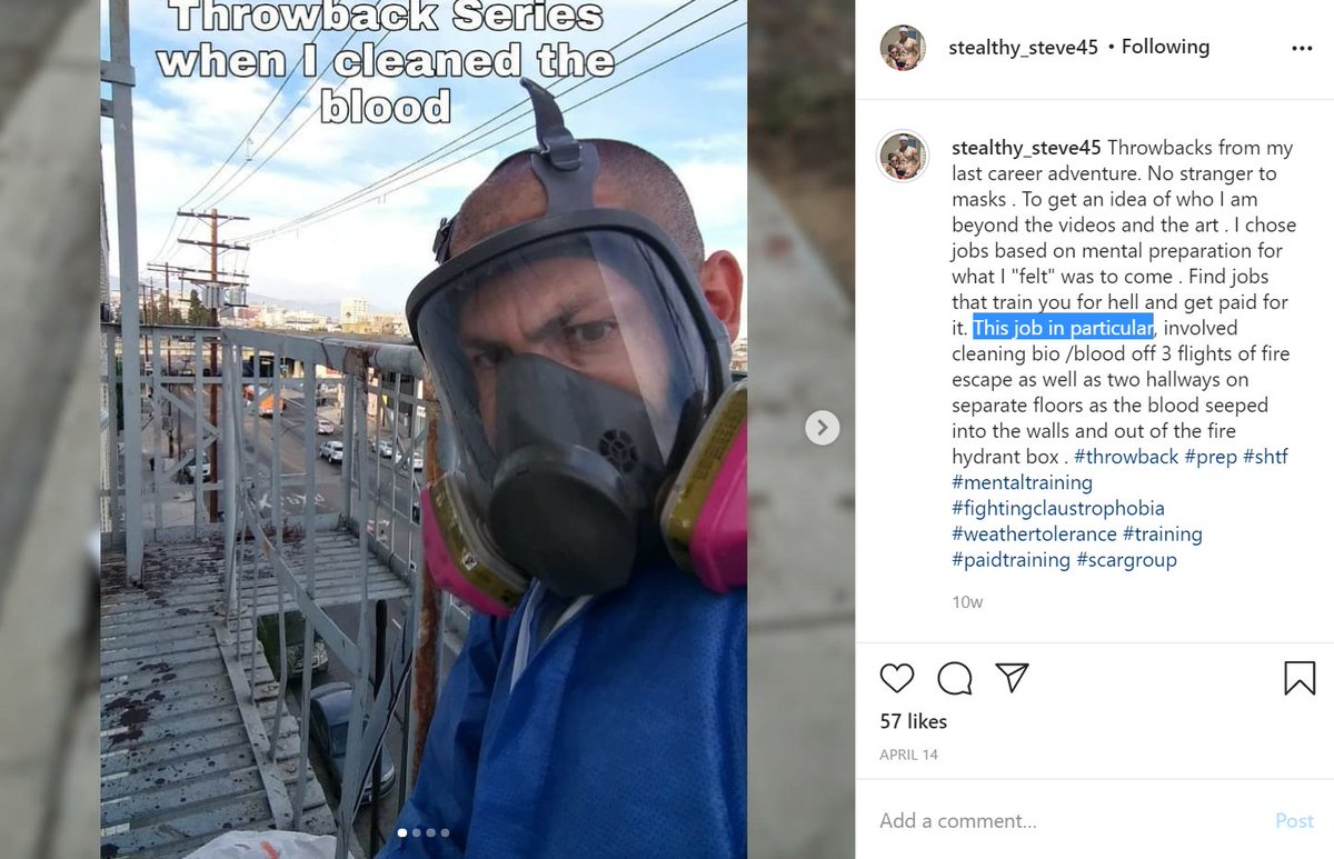 In terms of employment, John seems to work for a crime scene cleanup company. We do not know the specific company or group he works for, but we know they wouldn't appreciate him taking pictures of evidence and brutal crime and accident scenes. Please reach out with any info :-)