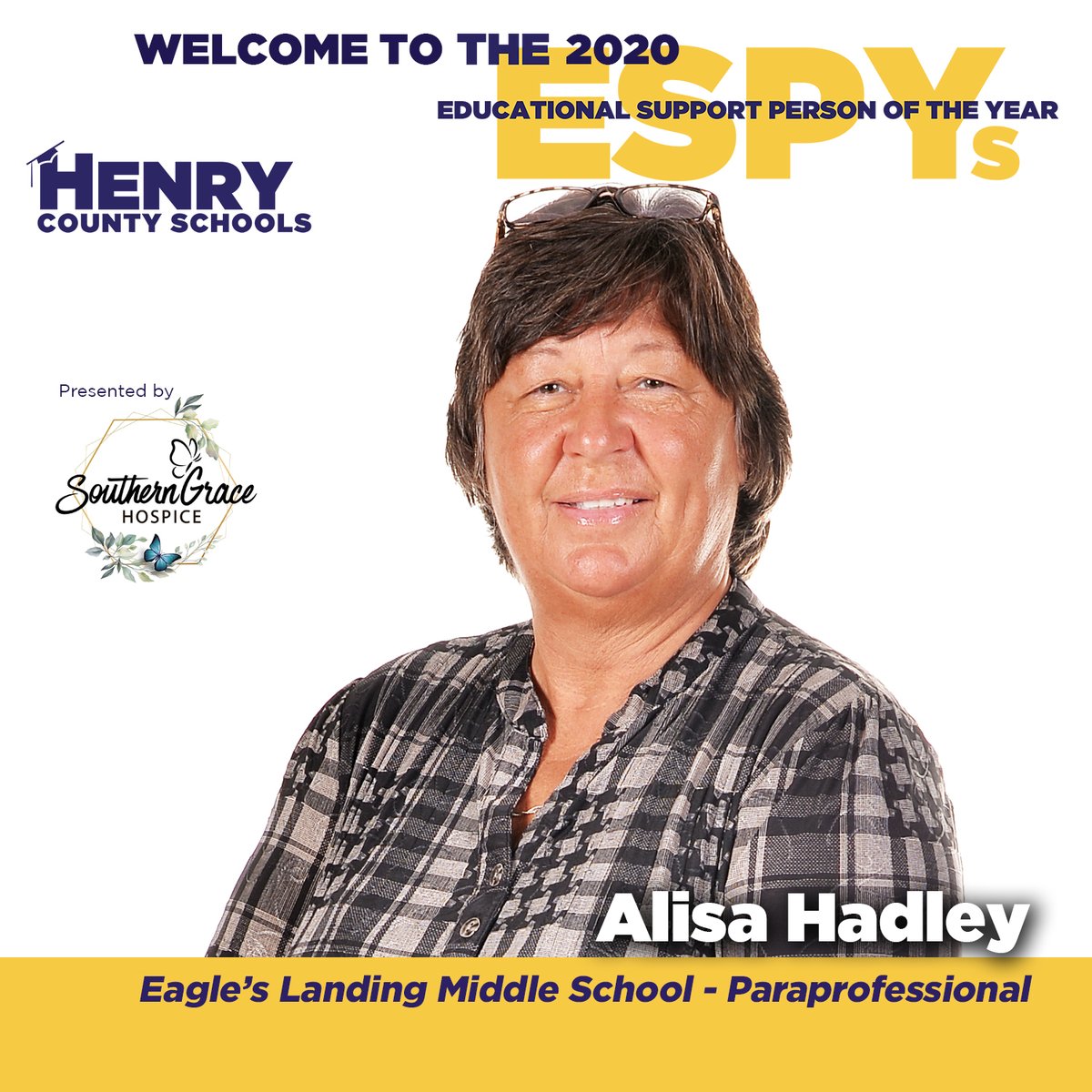 HenryCountyBOE's tweet photo. Our next ESPY recipient, from @ELMS_HCS, is Alisa Hadley! Congrats, Ms. Hadley! Her nominator shared: "Ms. Hadley is always the "go-to" person at ELMS. She consistently fills in for teachers, counselors, & other support staff in the building."
ESPY sponsor: Southern Grace Hospice https://t.co/CguspQGpCS