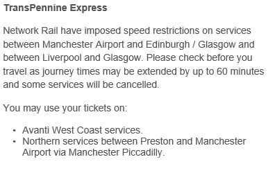 nationalrailenq's tweet photo. ⚠️#UKWeatherWarning - Please find more information on TransPennine Express services and ticket acceptance which is in place today: https://t.co/xzFNwivxSa