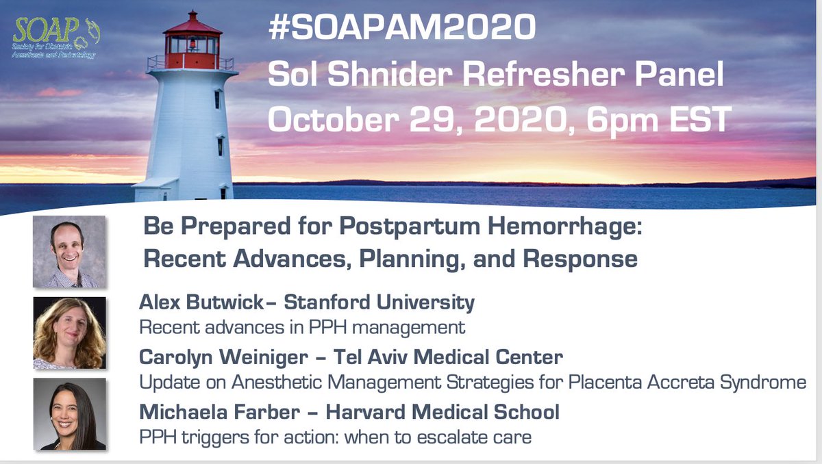 ruthi_landau's tweet image. Please join us tomorrow for our final virtual gathering of #SOAPAM2020

Hosting 3 outstanding panelists @CarolynWeiniger @FarberMichaela @aljabut in this unique Sol Shnider Clinical Panel with a live Q&amp;amp;A 

➡️ Be Prepared for #PPH: Recent Advances, Planning, and Response Panel