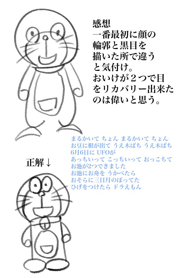 息抜きに正解を見ないで絵描き歌の歌詞だけ見て絵を描いてみたよ!みんなもやってみよう! 