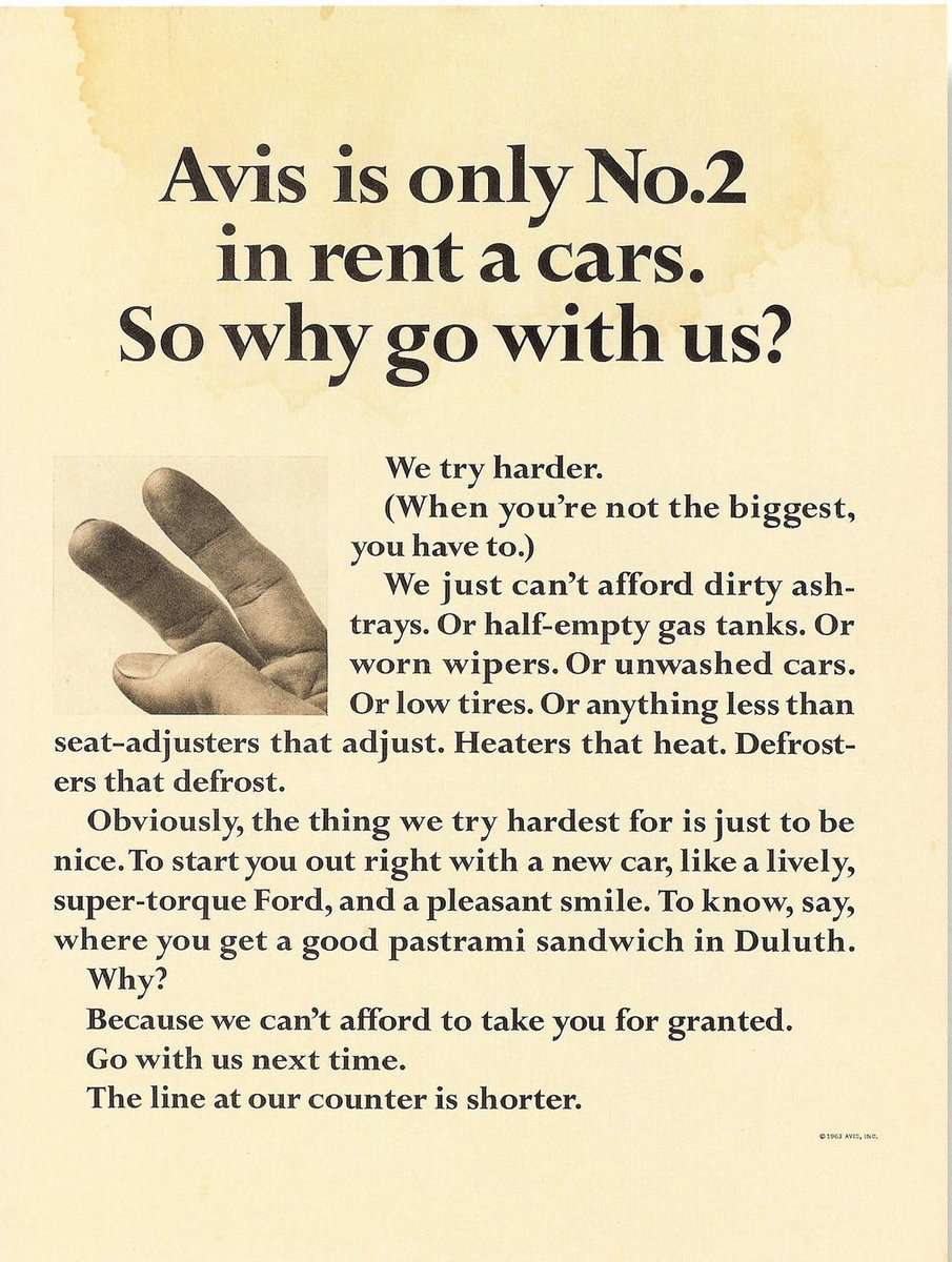 I always thought Avis's iconic 1962 "We're No.2" (and "We Try Harder") campaign (by the agency Doyle Dane Bernbach) was intended as a salvo against market leader Hertz! After all, when they say that they are No. 2, our attention automatically heads towards the No. 1, even 1/4