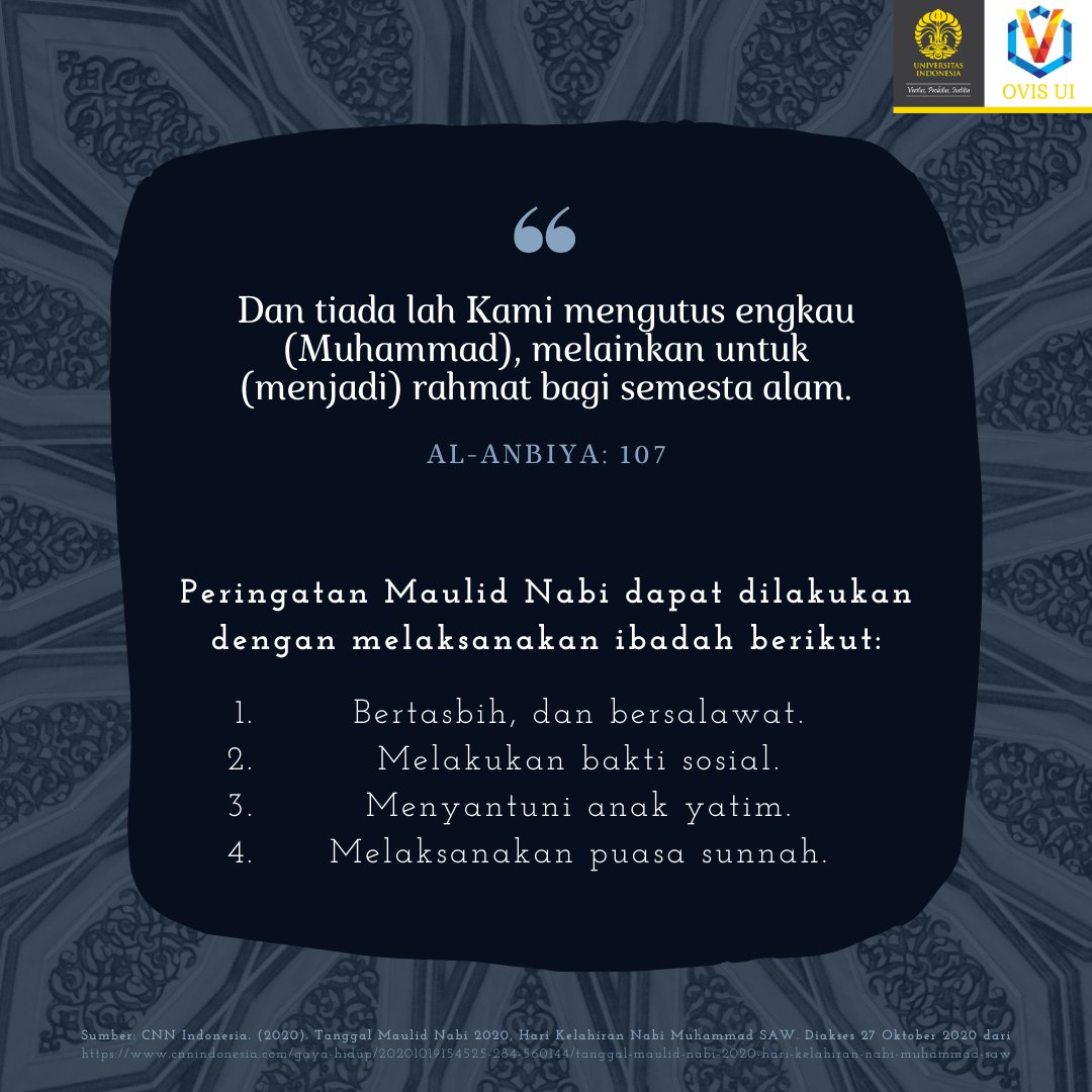 Kelahiran Nabi Muhammad SAW diperingati setiap tanggal 12 Rabiul Awal dalam kalender Hijriyah. Peringatan ini ditujukan sebagai bentuk penghormatan terhadap Rasulullah.

Yuk, baca infografis berikut untuk mengetahui fakta Maulid Nabi!

#MaulidNabi1442H #MaulidNabi2020