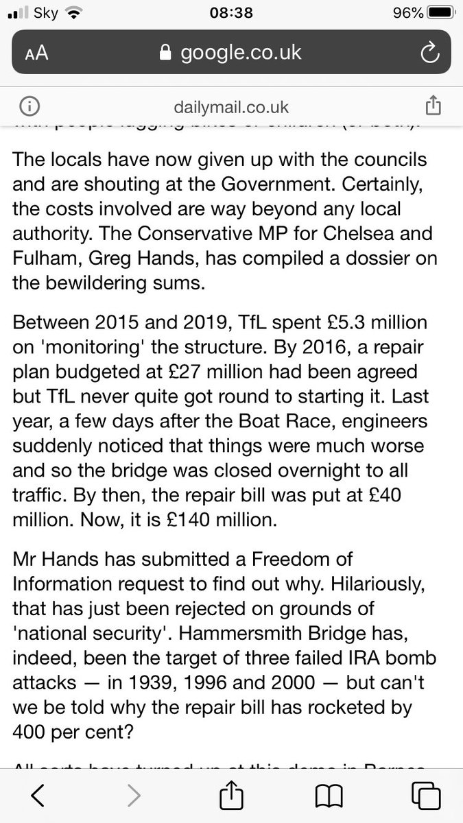 2. With TFL contributing £5.3 mil from 2015-19 in addition to £25 million has LBHF actually spent any of its own money on bridge over last 20 mths & beyond?3. What do LBHF have to hide? Spurious denials of FOIs suggest there’s something that officials don’t want public to know.