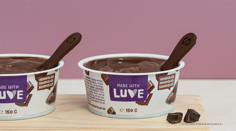 packaging360g's tweet photo. Aldi Nord and Aldi Süd are offering edible spoons in a #vegan chocolate #dessert of the brand “Made with Luve”. The special feature of the #spoon is that it is made on a purely vegetable basis and is #edible. https://t.co/YyM7w5OQXM #reduce #lesspackaging https://t.co/8SwJGLfIhP