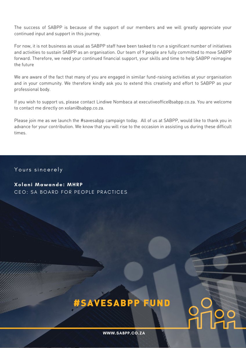SABPP1's tweet photo. #SAVESABPP
The success of SABPP is because of the support of our members and we will greatly appreciate your continued input and support in this journey.
To support us, please contact Lindiwe Nombaca at executiveoffice@sabpp.co.za. Or contact me directly on xolani@sabpp.co.za. https://t.co/QnhuGBvfqH
