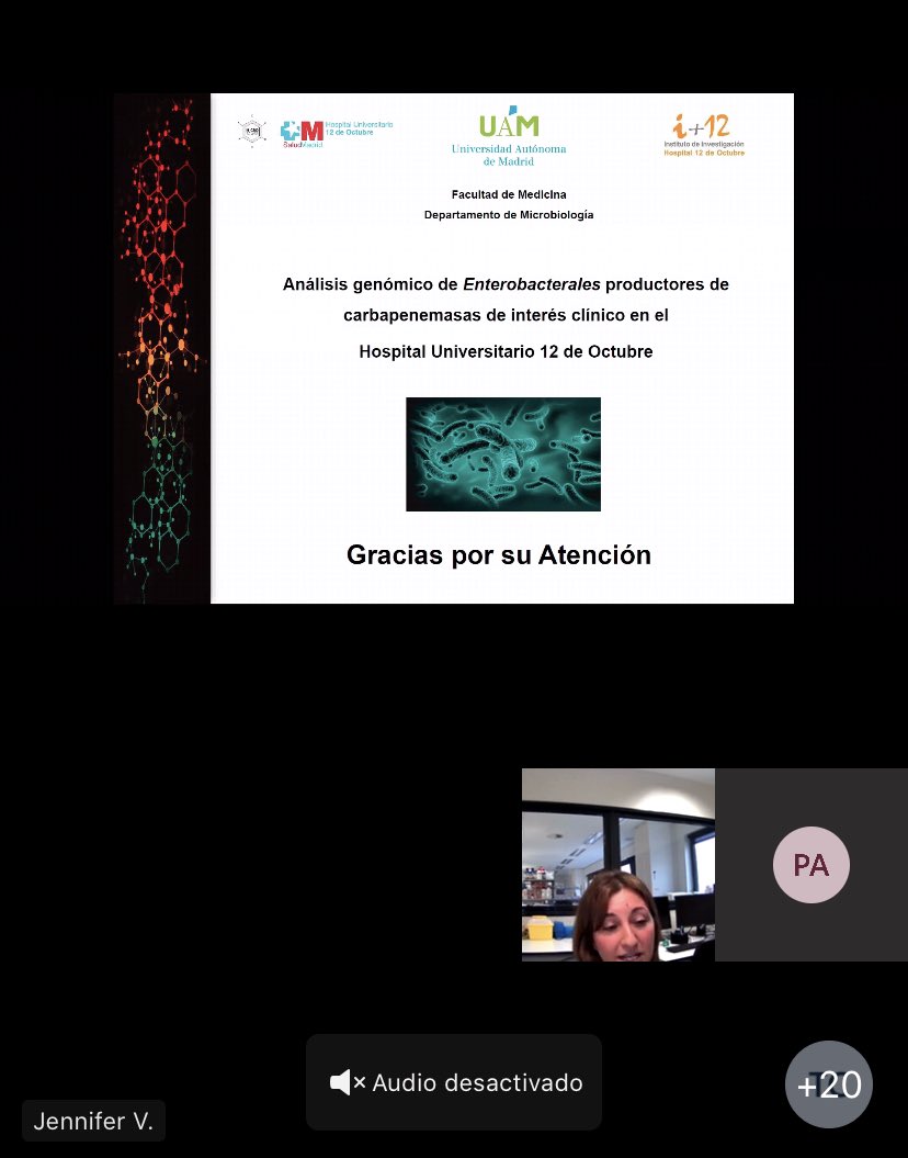 microRyC's tweet photo. Hoy hemos tenido el placer de escuchar a nuestra 1a invitada desde que retomamos las sesiones:

Jennifer Villa (@Jenvg83), adjunta de Microbiología del H12O, nos ha presentado su tesis "Análisis genómico de CPE de interés clínico en el H12O", dirigida x F.Chaves y @mingoGATC. https://t.co/HvdJUDL2b8