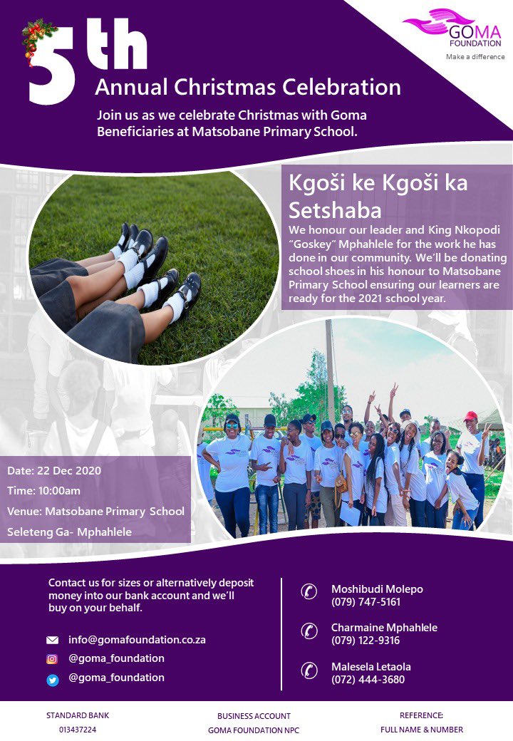 Goma_foundation's tweet photo. Our 5th annual Xmas party is around the corner. Our goal this year is to donate 150 pairs of school shoes. #make a difference 💜 https://t.co/HqaFtGL8XI