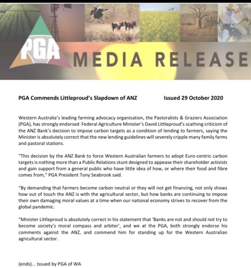 WAPastoralists (@wapastoralists) on Twitter photo PGA has strongly endorsed Federal Ag Minister’s scathing criticism of ANZ Bank’s decision to impose carbon targets as a condition of lending saying he is absolutely correct that the new lending guidelines will severely cripple many family farms & pastoral stns <a href="/D_LittleproudMP/">David Littleproud MP</a> PGA has strongly endorsed Federal Ag Minister’s scathing criticism of ANZ Bank’s decision to impose carbon targets as a condition of lending saying he is absolutely correct that the new lending guidelines will severely cripple many family farms & pastoral stns <a href="/D_LittleproudMP/">David Littleproud MP</a>