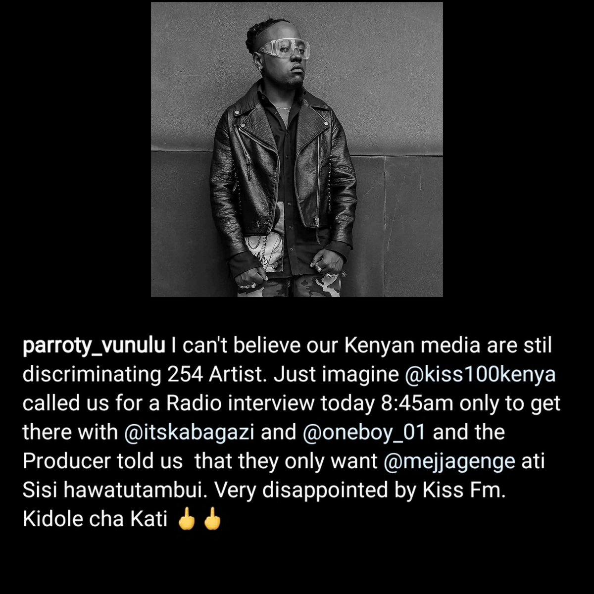 Boomplay_kenya's tweet photo. "Lewa" hit maker #Parroty accuses Kiss 100 of turning him #Kabagazi and #OneBoy away asking for #Mejja after calling the crew over for an interview 👀 https://t.co/gjV0xIOcTm