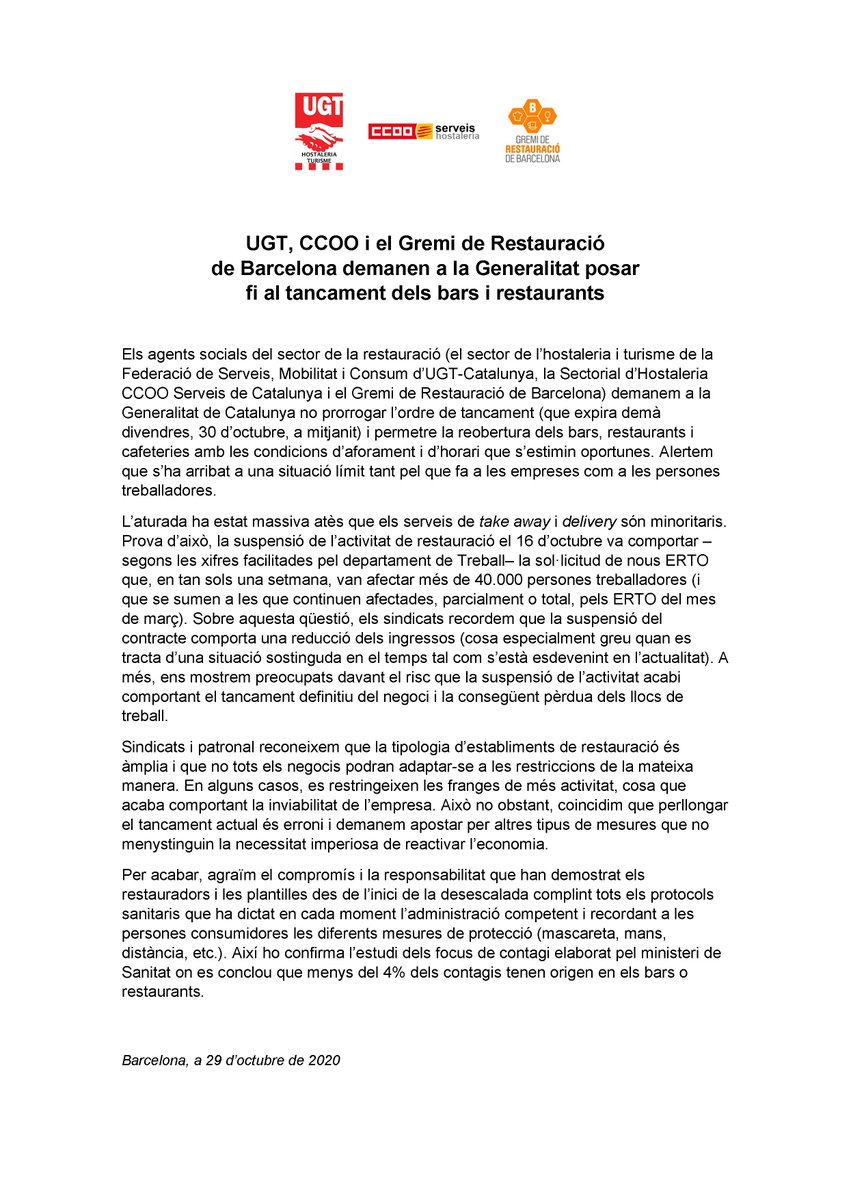 RestauracioBCN's tweet photo. El sector de l'hostaleria de @FeSMC_ugt_cat, la sectorial d'hostaleria de @ccoocatalunya i el Gremi de @RestauracioBCN demanem en un comunicat conjunt a @govern @perearagones @salutcat @albaverges @empresacat @ramontremosa no prorrogar el tancament de bars i restaurants https://t.co/LPzkFdwKNt
