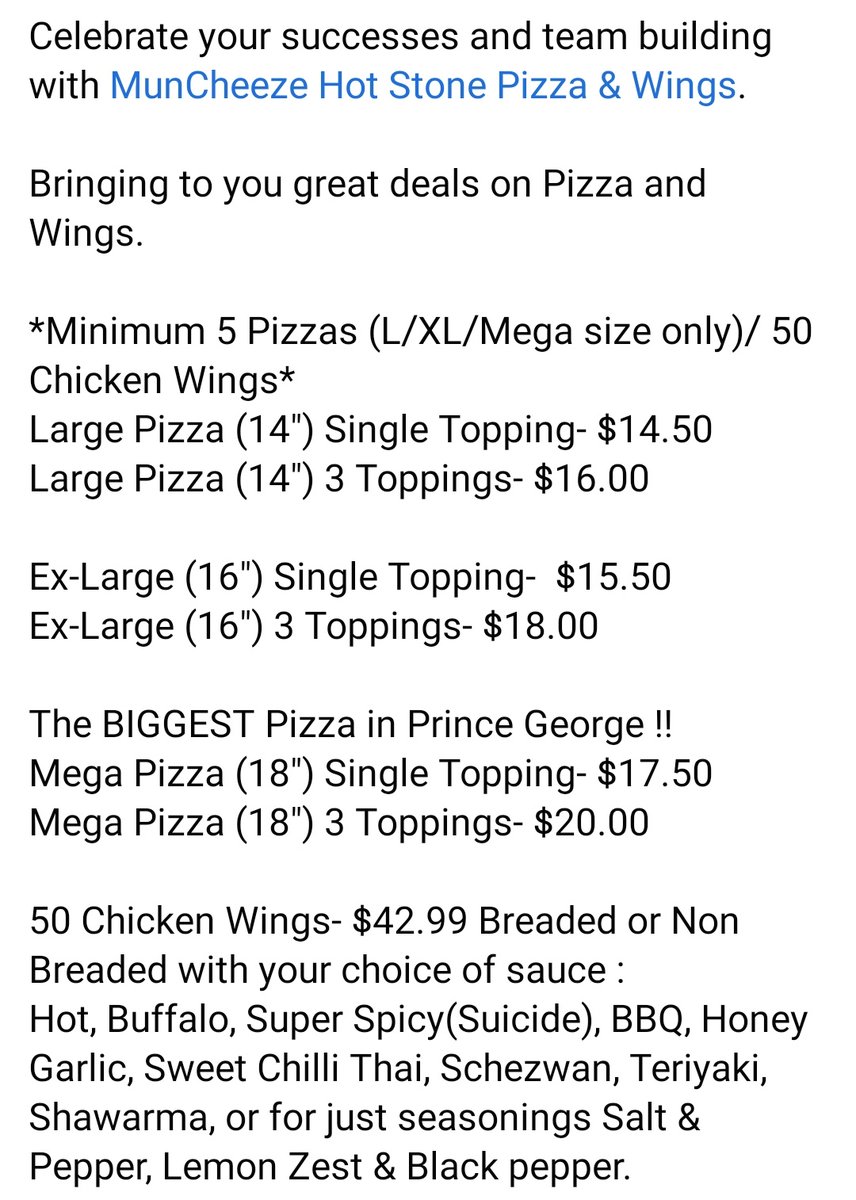 Muncheeze_PG's tweet photo. Celebrate your successes and team building with @Muncheeze_PG 
Check out the awesome deals we got for your Work Pizza Party 🥳🍕
Tag your co-workers and boss to let them know about this deal 😁👍
Call 250-645-4444 to place an order.
#belocalbuylocal #princegeorge #pizzaparty https://t.co/gTqciLRnuO