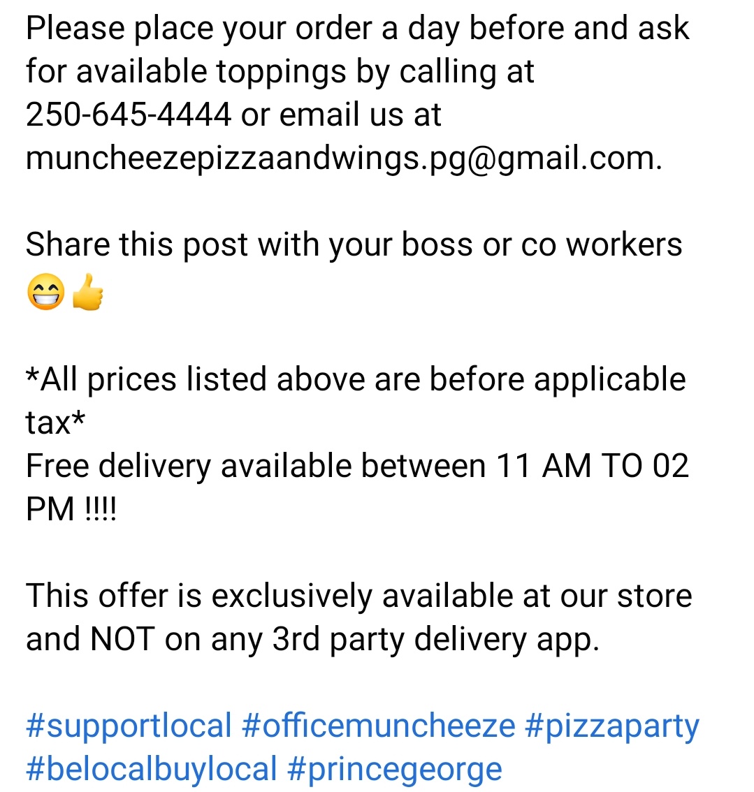 Muncheeze_PG's tweet photo. Celebrate your successes and team building with @Muncheeze_PG 
Check out the awesome deals we got for your Work Pizza Party 🥳🍕
Tag your co-workers and boss to let them know about this deal 😁👍
Call 250-645-4444 to place an order.
#belocalbuylocal #princegeorge #pizzaparty https://t.co/gTqciLRnuO