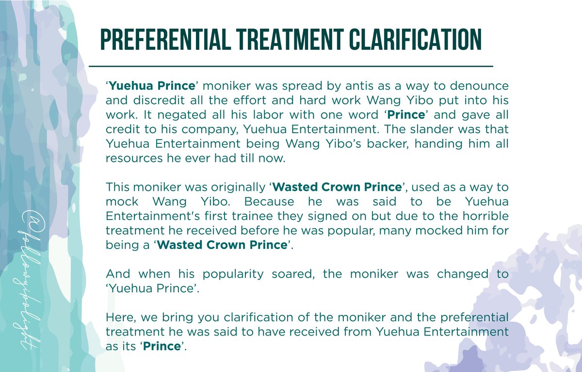 YH Prince’ moniker was spread by antis as a way to denounce & discredit all effort and hard work Yibo put into his work. It negated all into one word ‘Prince’ & give all credit to YH. Here, we clarify the moniker and the preferential treatment he said to receive as YH ‘Prince’.