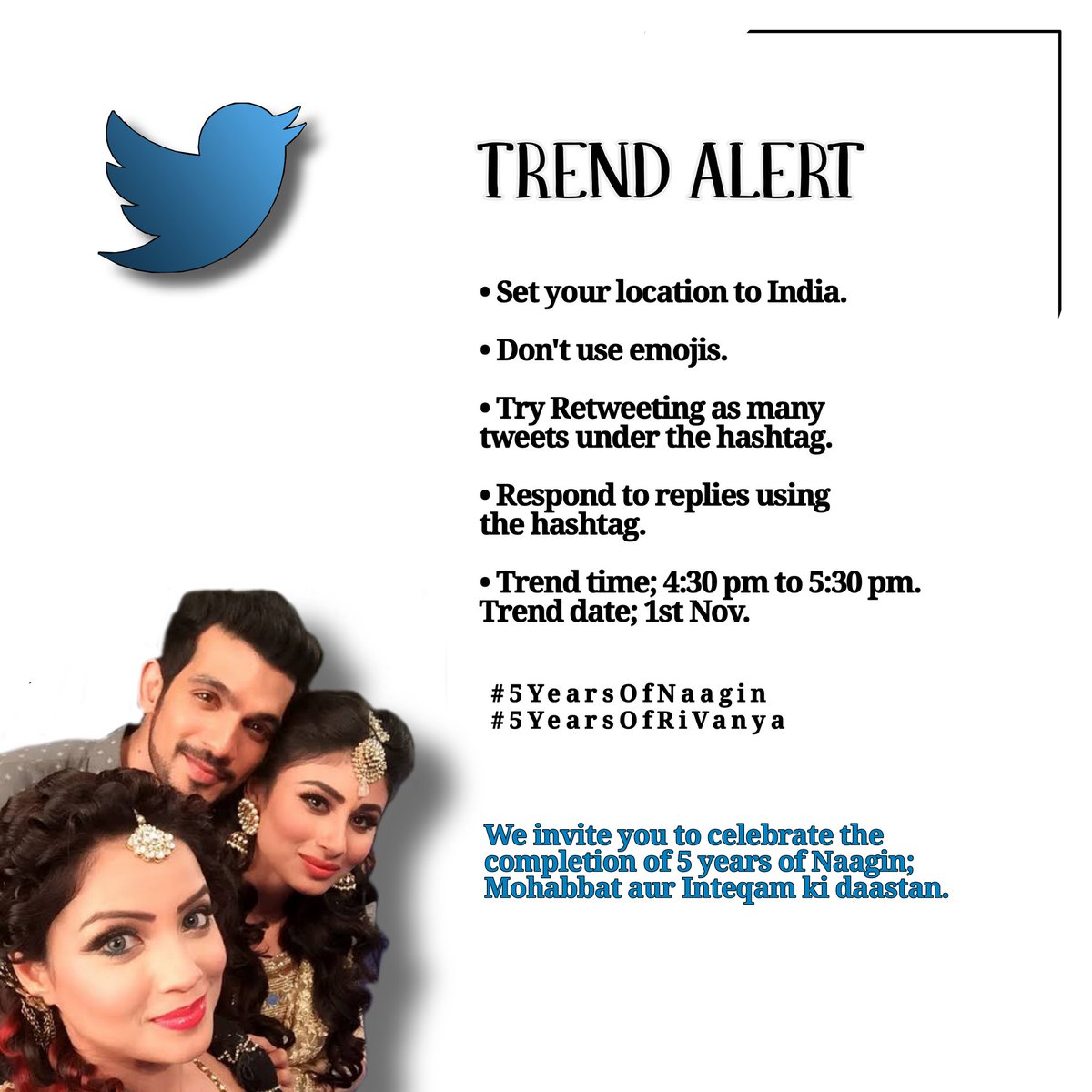 ArjunMouniFC's tweet photo. Naagin to complete 5 years on 1st Nov. Join in the celebration at 4:30 pm. #5YearsOfNaagin #5YearsOfRiVanya @Thearjunbijlani @Roymouni @adaa1nonly https://t.co/iHRwaB5d9c