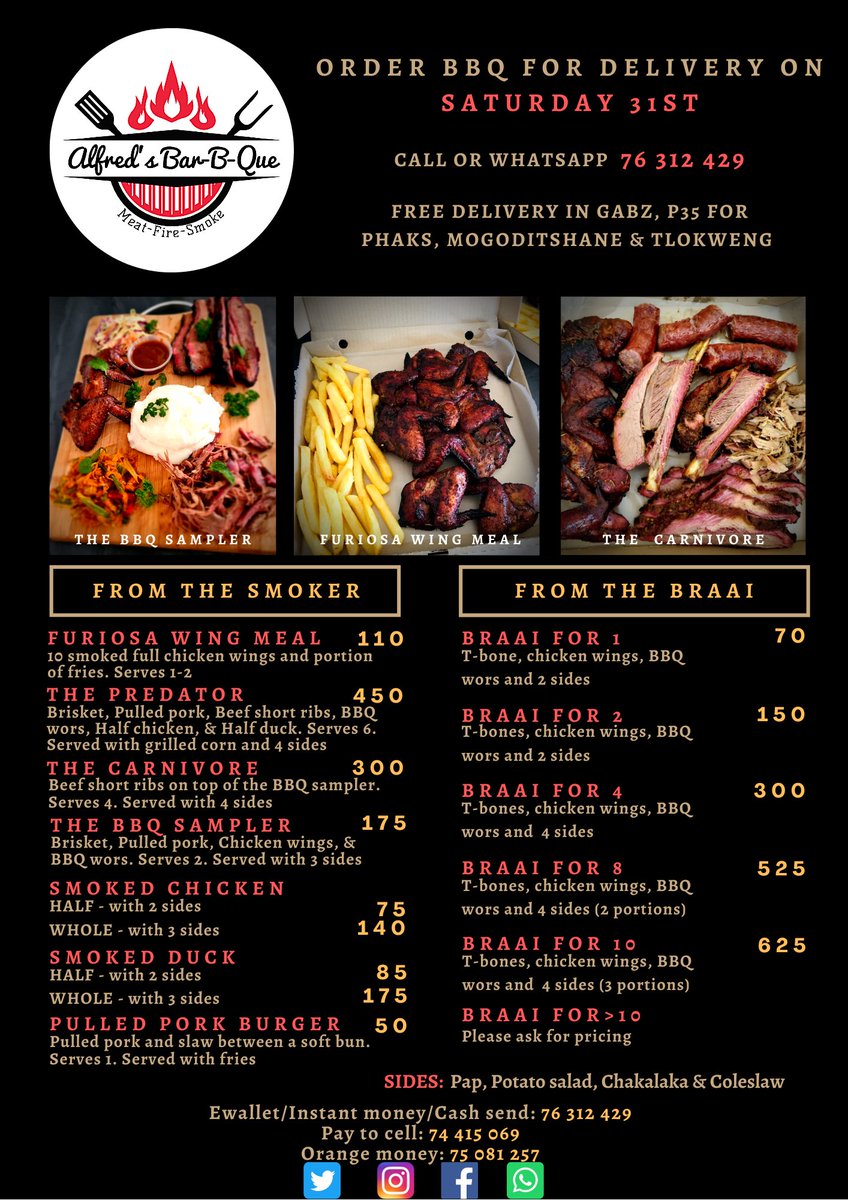 ALFREDSBARBQUE1's tweet photo. Taking orders for Saturday 31st delivery.
We have a new item on our menu, named after our custom smoker 'Furiosa'
DM, SMS, Call or WhatsApp 76312429 https://t.co/cRQfkweBgK