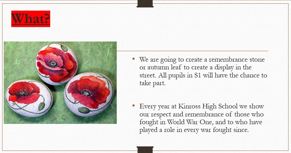Hist_KinrossHS's tweet photo. Thank you to @AandD_KinrossHS who are working with S1s to create remembrance stones and autumn leaves. S1s will also be learning about WW1 and Remembrance in History. https://t.co/XQV50bscLt