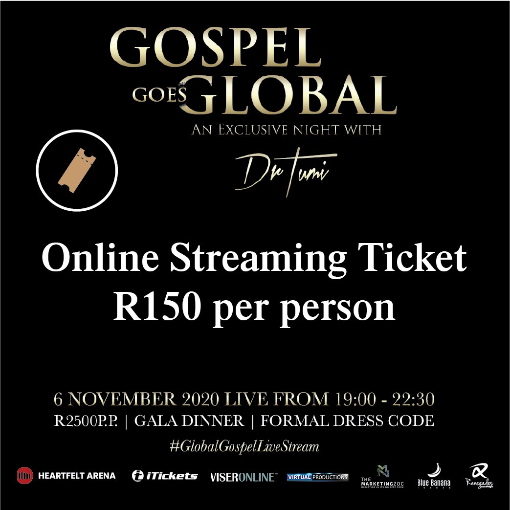 goes_global's tweet photo. Enjoy the Gospel Goes Global with @DrTumisang event at the comfort of your home. Tickets for ONLINE STREAMING are only R150 per person, get yours today!

Tickets here: https://t.co/W246c03w9W
.
.
.
#gospelgoesglobal #event #itickets #tickets #online #livestreaming https://t.co/ZVOc3kZ0I0
