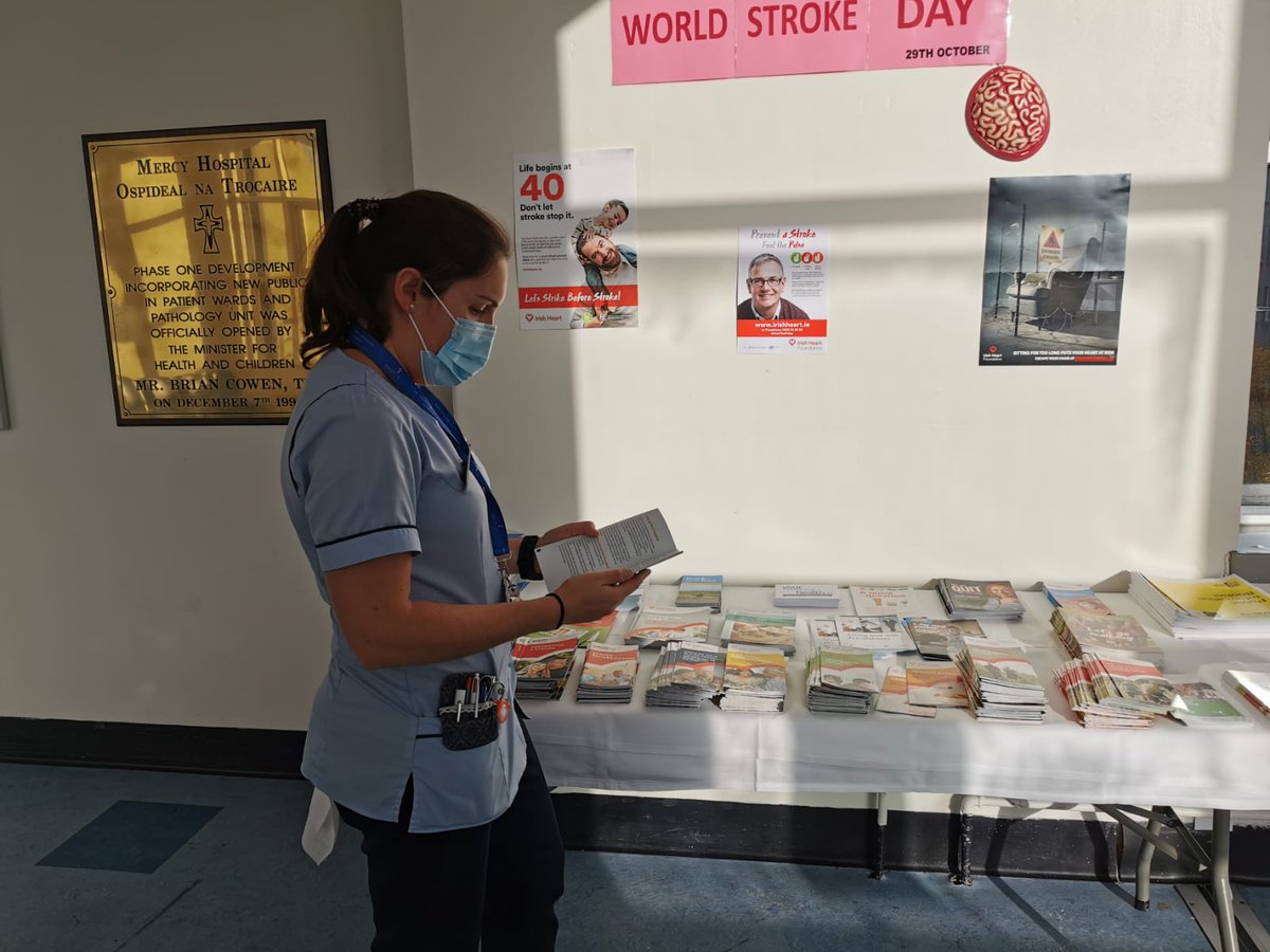 Mercycork's tweet image. Today is World Stroke Day and @Mercycork we act FAST and show Stroke no Mercy! Recognise the signs Face-Arm-Speech-Time (to act).Our Stroke CNS Inês Saramago is leading out an awareness campaign all week #ThisIsMercy @HSELive @mercyfoundcork @mercy_nursing