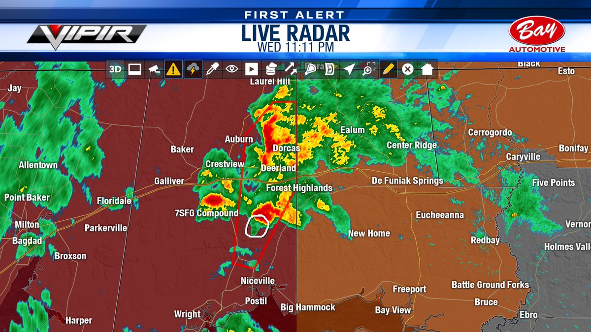 Whitleyweather's tweet photo. Tornado warning Okaloosa County. Take cover if in the red outlined area NOW!
~ Chief Ross #13FirstAlert https://t.co/yq9M7mmZZR #FLwx https://t.co/tSO0ldGVOh