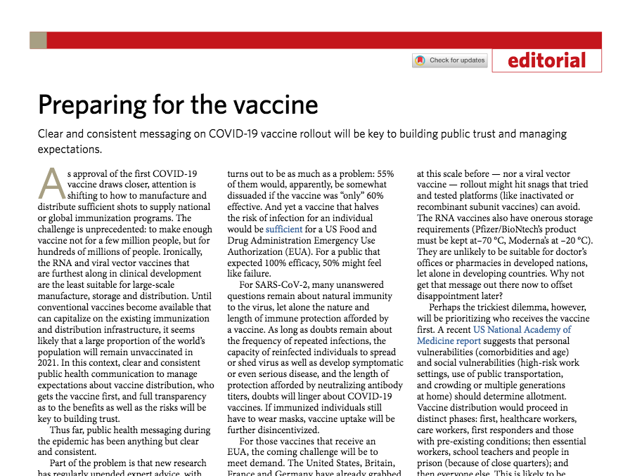 As approval of the first #COVID19 vaccine draws closer, attention is shifting to an unprecedented challenge: how to make enough vaccine not for a few million people, but for hundreds of millions of people go.nature.com/2TrpXuw