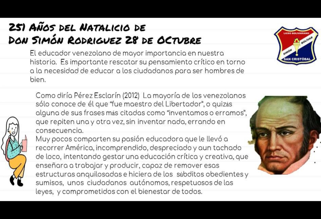 lbsimonbolivar1's tweet photo. Conmemoramos 251 años del Natalicio de Simón Rodríguez #Pedagogo #Filosófico #Escritor y #MaestroYMentorDeNuestroLibertadorSimónBolivar #MaestroDeNiños #LBSB @charlychaves @ZonaEducTachira @MPPEDUCACION https://t.co/mgFFyVhyOM