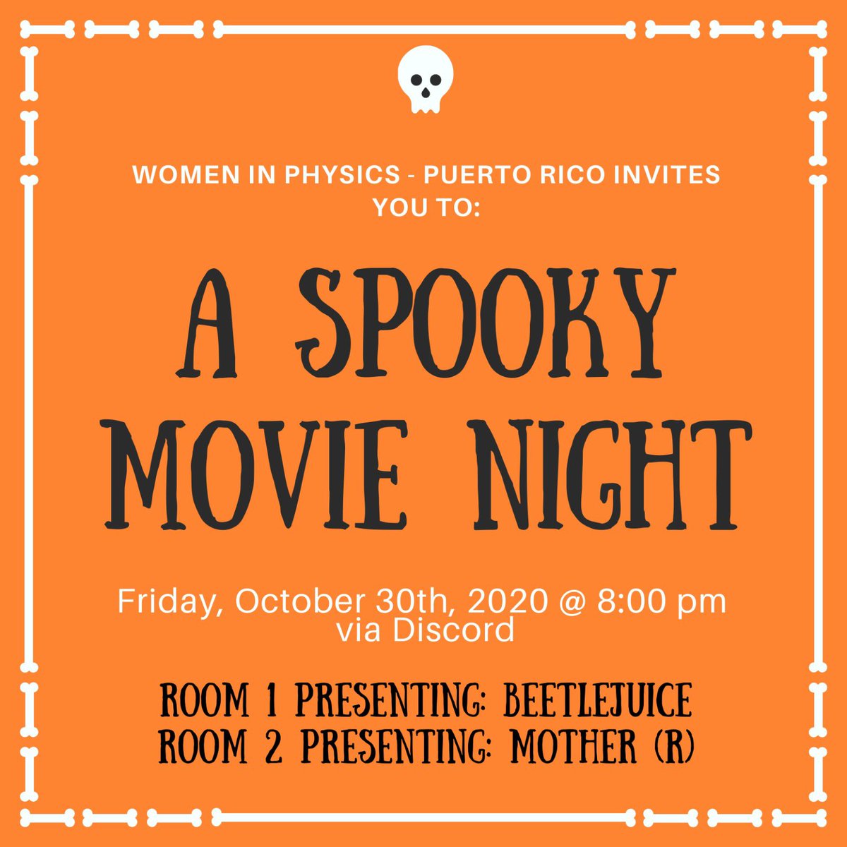 WomeninPhysUPRM's tweet image. Come to our #HalloweenMovieNight💀🎃☠️🧟‍♂️!! On the Discord at 8pm on October 30🚨

#DiscordParty #spookyNight #chillvibes #beetlejuice #Mother #Scary #womeninphysics