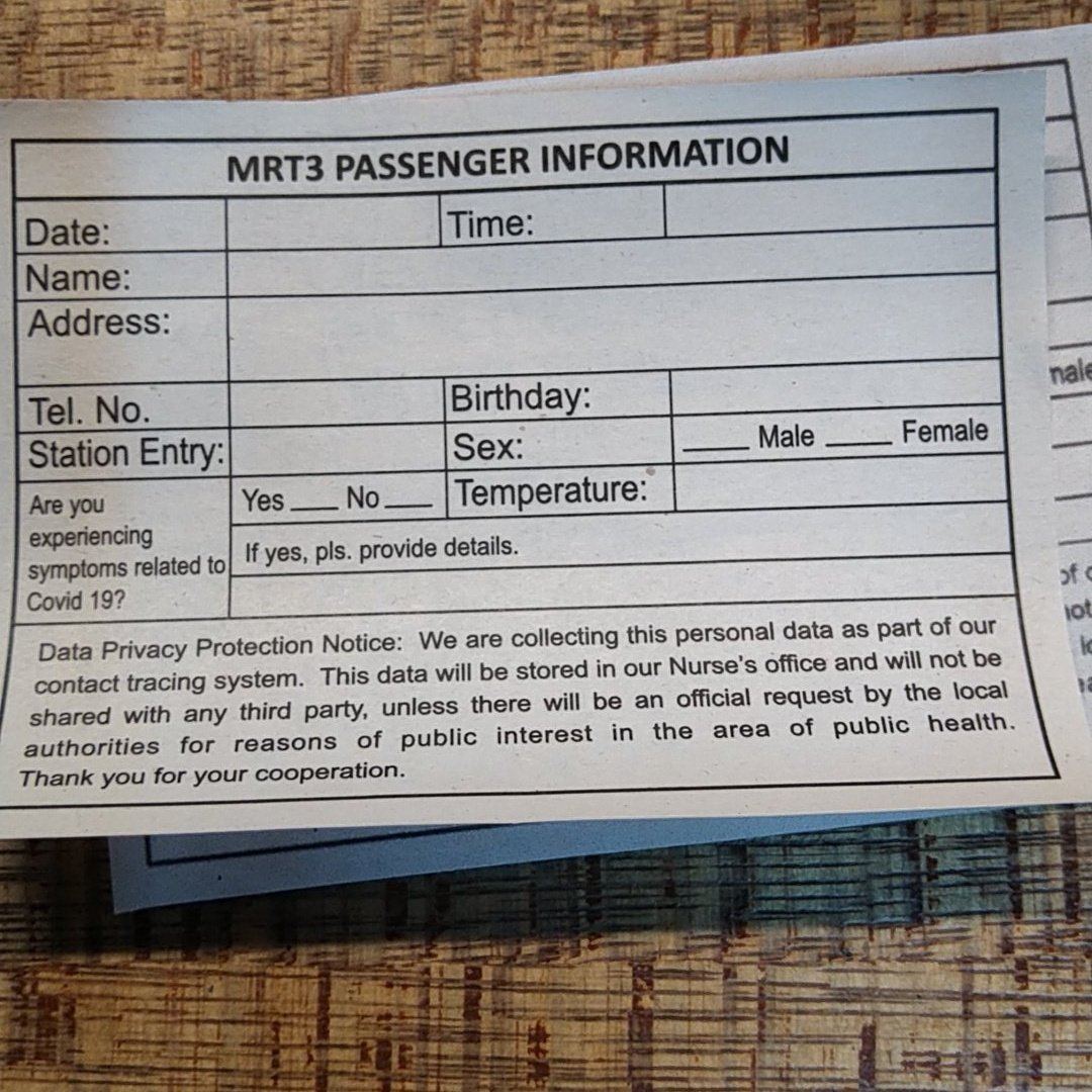 onlyjacknicole's tweet photo. Tip: To all commuters of MRT3, I suggest you get a blank passenger info sheet, scan it, edit it on a photo editor, and print! #CommuterHack
No need for lengthy time to write everything. Just the date, time, check for COVID, and temp.
Name, address, tel no. & B-day are constant. https://t.co/a1UtCEKs26
