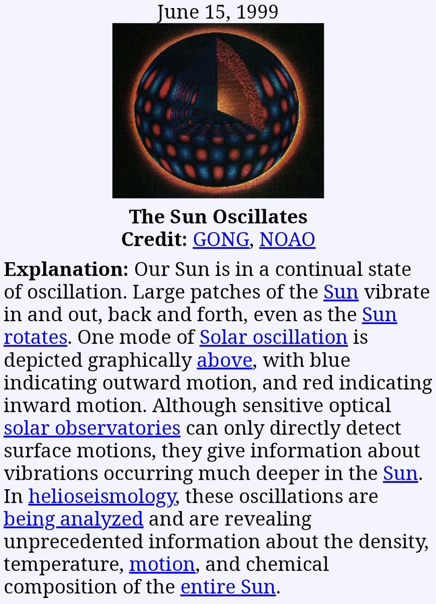 isso aqui é um post da NASA no dia 15 de junho de 1999, o dia que o yeosang nasceu. nele eles explicam o que é uma oscilação solar.quando uma oscilação acontece, partes do sol vibram de dentro pra fora, indo e voltando, ENQUANTO o sol faz o movimento de rotação. +