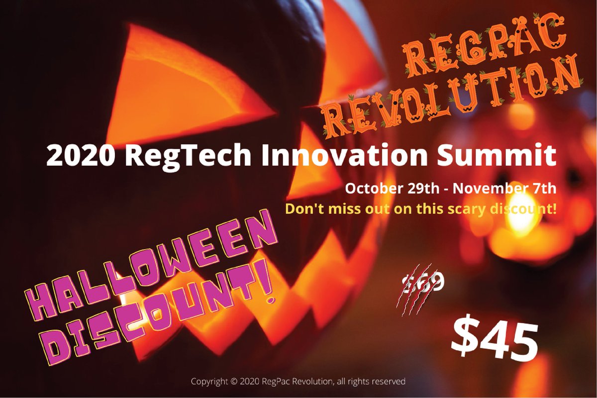 regpac_'s tweet photo. In the #Halloween spirit, we're slashing prices until the 7th of November. Don't miss out on this scary discount! https://t.co/MNN9MIVnrP
If you're interested in becoming a partner to this event, please email info@regpac.com
#HalloweenDiscount #2020regtechsummit #technology https://t.co/7R9fHXfZBx