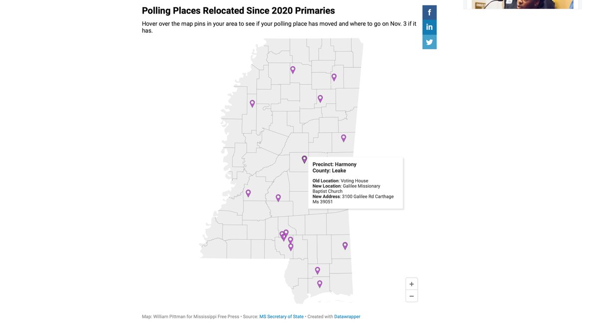 Tap or hover over the pinpoints on this map of polling place changes to see the new location and address. A chart is also available. Infographics by  @wspittman for  @MSFreePress:  https://www.mississippifreepress.org/6460/officials-moved-polling-places-for-5000-mississippi-voters-ahead-of-election-secretary-of-state-says/