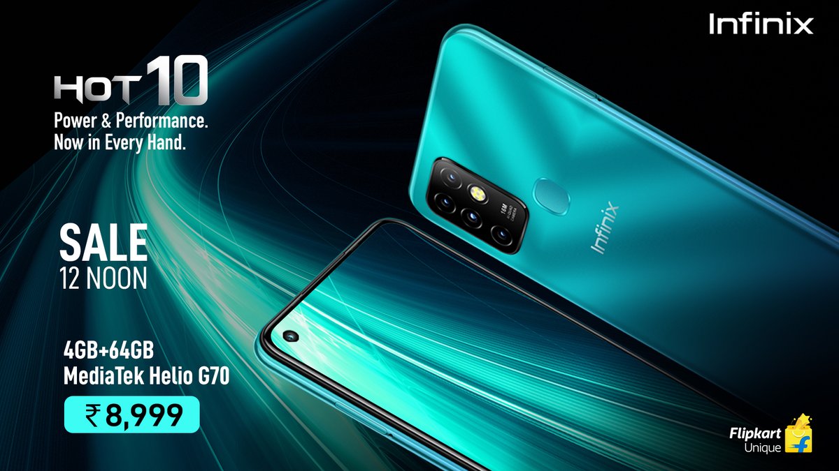 InfinixIndia's tweet photo. #InfinixHot10 (4+64GB) Sale starts Today, 12 Noon at just ₹8,999 on Flipkart.
Check out: https://t.co/g9CT9CbLZF
#NewLaunch
#Smartphone
#Al0tExtra
#InfinixIndia
#AbRuknaNahi https://t.co/idus1Dv5Lq