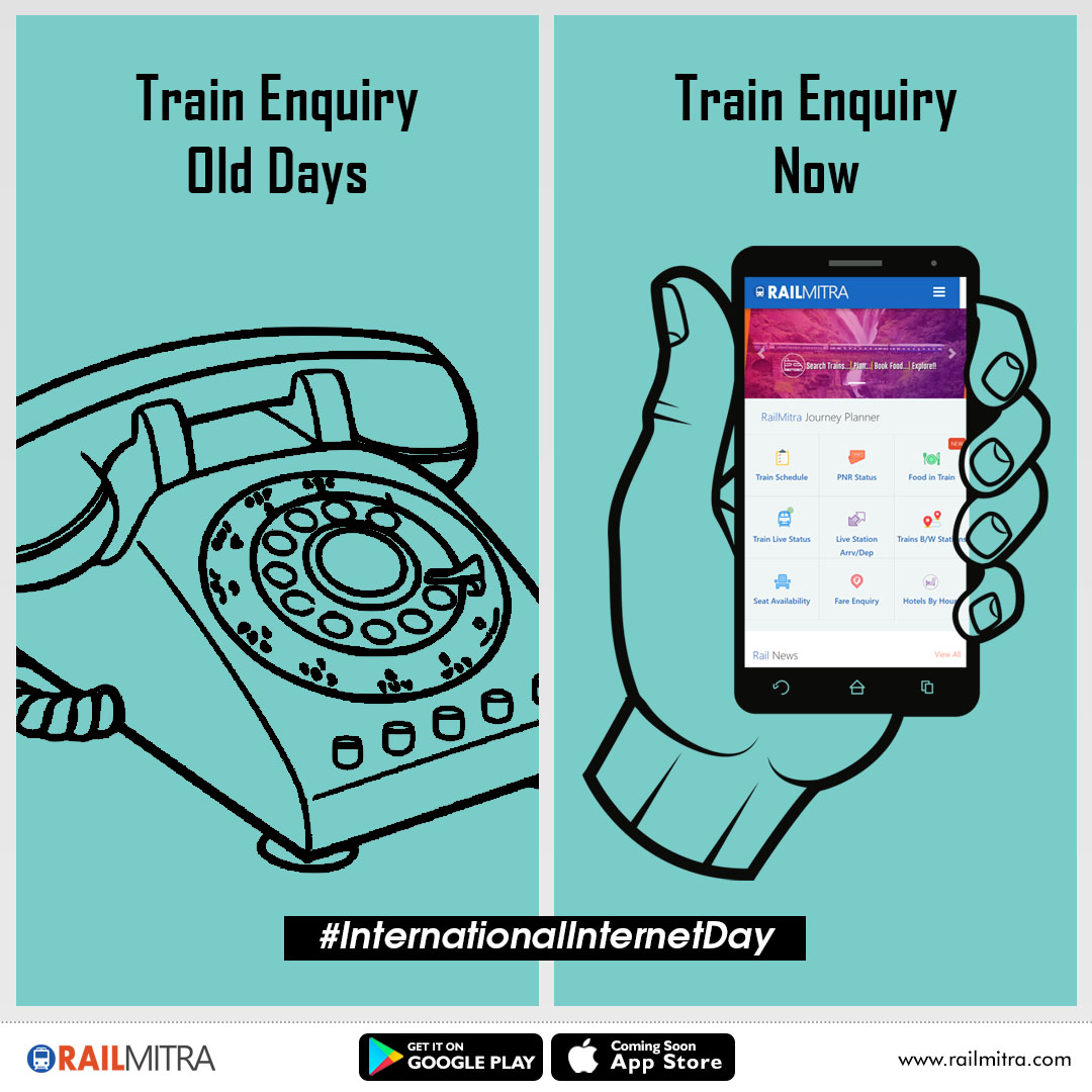 RailmitraaIndia's tweet photo. #InternationalInternetDay: With the Internet, you can make train enquiry through your phone anywhere, anytime from RailMitra App! #IndianRailways #railmitra #trainapp #travelapp #railmitraaindia #internet #internetday #internetday2020 #worldinternetday #worldinternet https://t.co/VCwjArotcz