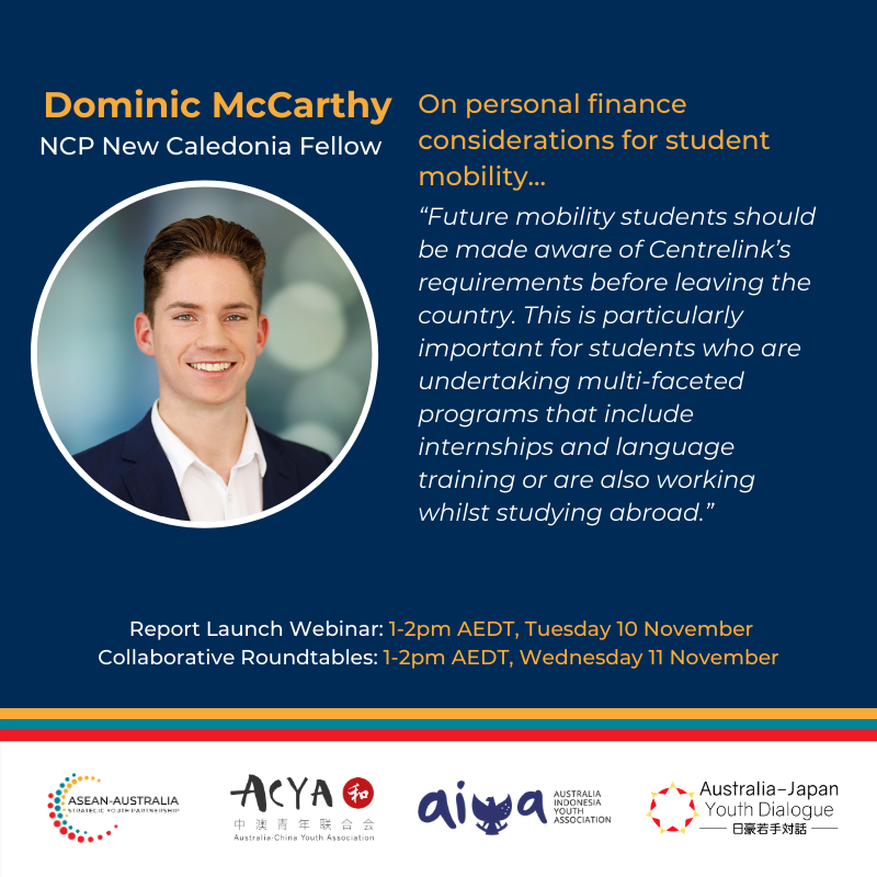 🚀 Dominic McCarthy on personal finance considerations for student mobility.

Register and learn more here:
➡ieaa.org.au/events/event/h…
➡ieaa.org.au/events/event/e…

#mobilitydialogue2020 #IPSMYD2020 #ausyouthdiplomacy #aasyp #ausaseanyouth #ACYA #auschina #acyanational #AIYA #AJYD