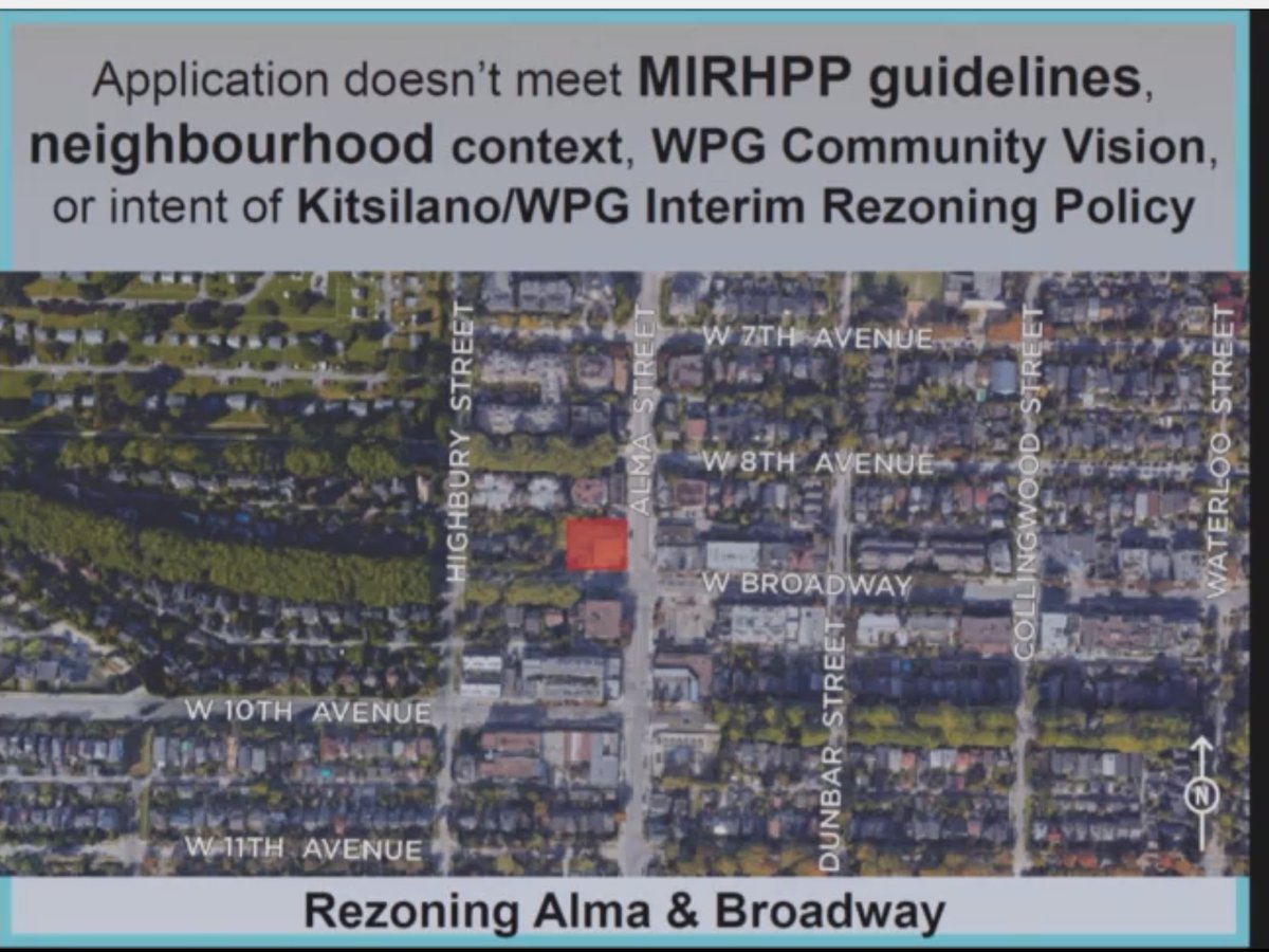 Oh of course it's Elizabeth Murphy, landlord, here for the West Point Grey org.Back to the "this is not an arterial" thing, so doesn't qualify for MIRHPP. Broadway "dead ends" there. Serious shadow implications. etc