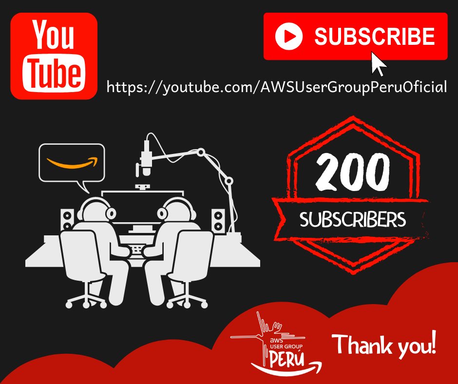 AWSPeru's tweet photo. 🎉 Ya somos +200 Suscriptores en el canal ❗ 🇵🇪
No somos nada sin ustedes!
Youtube: https://t.co/umHz5aSoVg

☁️ únete ahora y disfruta de más de 65 videos solo emitidos este 2020 y más de 20 Categorías de contenido único de AWS para ustedes:

#awsperu #aws #awcloud #awsugperu https://t.co/grk9RsUvg4
