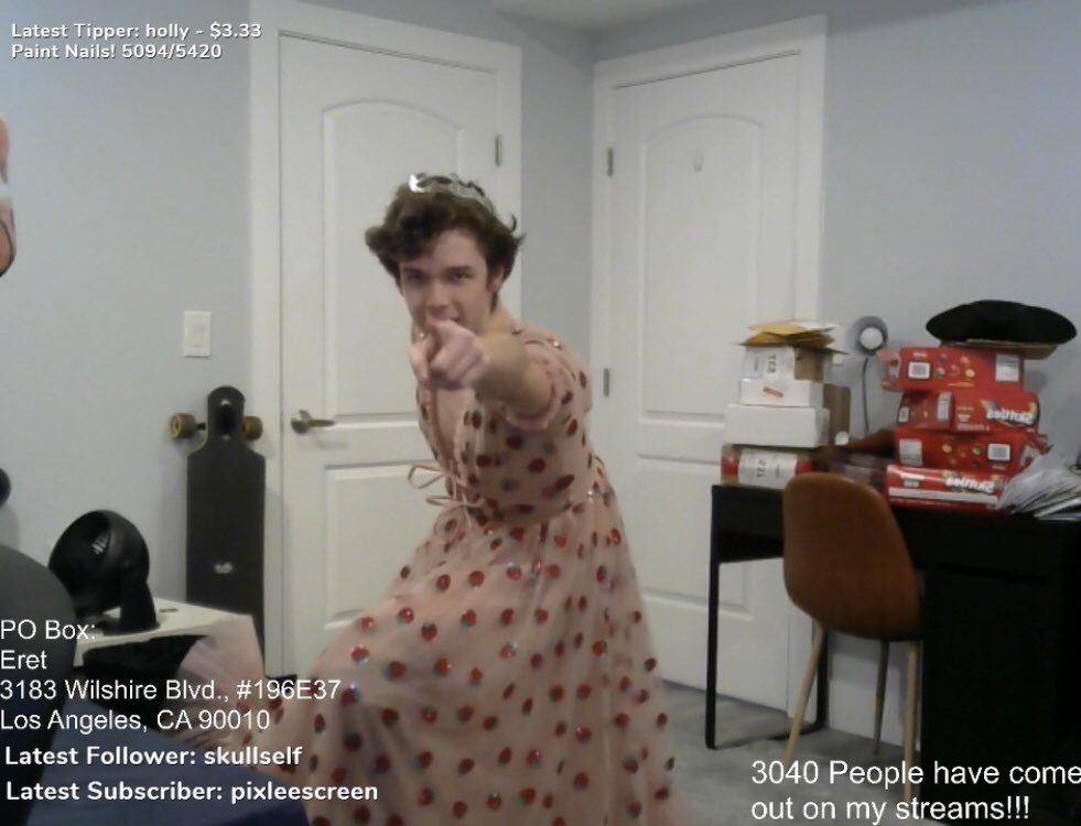 Eret's tweet photo. Thank you for the insane support on my Strawberry Dress stream! Hit a peak of 41,000 viewers, the most I've ever had without raids! ❤️🎉🍓

All to send the message: "Fuck gender roles!" 
#eretdress https://t.co/MmnqsgfkgH