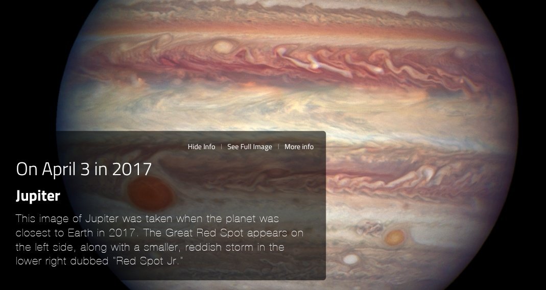 essa foi a foto tirada pelo hubble no aniversário do seonghwa em 2017. o momento em que júpiter estava mais perto da terra. júpiter é o MAIOR planeta do sistema solar e o vizinho de marte. o maior planeta veio dizer parabéns para o meu mars, o maior do mundo. 